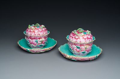 A fine pair of Chinese famille rose 'lotus' bowls and covers on stands, Qianlong