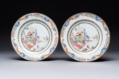 A fine pair of Chinese gilt-decorated famille rose 'Autumn' plates with troubadours, Qianlong
