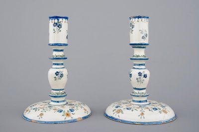 A fine pair of French faience candlesticks, 18th C.