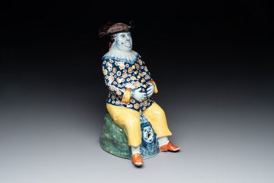 A fine polychrome Dutch Delft 'bobbejak' ewer, 18th C.