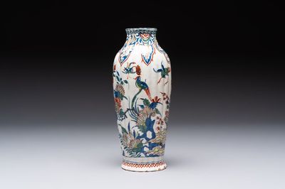 A fine polychrome Dutch Delft cashmere palette ribbed vase with birds among flowering branches, early 18th C.