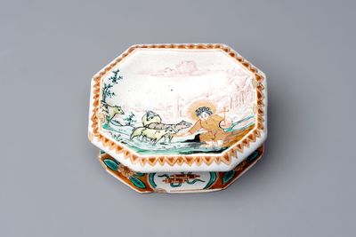 A fine polychrome Dutch Delft doré 'good shepherd' salt, 18th C.