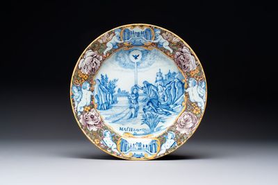 A fine polychrome Dutch Delft mixed technique 'Baptism of Christ by St. John the Baptist' plate, 18th C.
