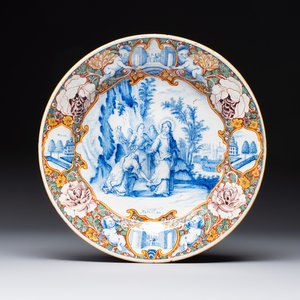 A fine polychrome Dutch Delft mixed technique 'The Faith of the Caanite Woman' plate, 18th C. — photo 1