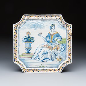 A fine polychrome Dutch Delft plaque with a lady seated by a Medici vase — photo 1