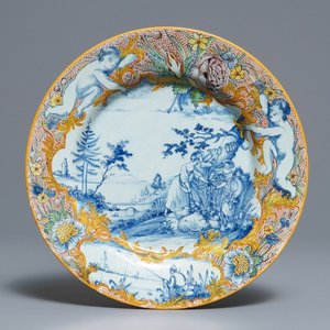 A fine polychrome mixed technique Dutch Delft 'pastoral' plate, 18th C. — 照片 1