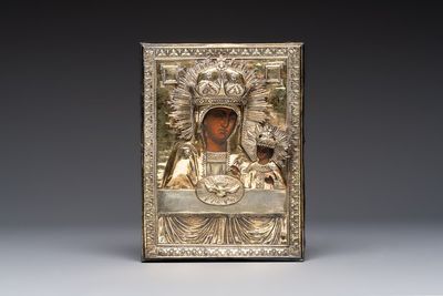 A fine Russian 'Mother of God' icon with silver riza, the silver marked Moscow, dated 1817