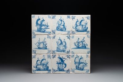 A fine set of 9 blue and white Dutch Delft tiles with ships, 17th C.