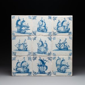 A fine set of 9 blue and white Dutch Delft tiles with ships, 17th C. — foto 1