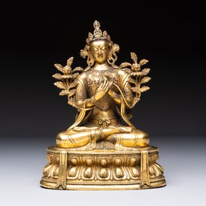 A fine Sino-Tibetan turquoise- and coral-inlaid gilt-bronze Buddha Maitreya, Kangxi — 照片 10