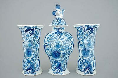 A fine three-piece blue and white Dutch Delft garniture, 18th C.