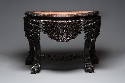 A finely carved Chinese hongmu console table with marble top, Canton, 19th C.