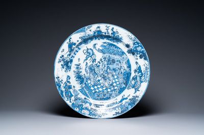 A finely painted and thin-walled large Dutch Delft blue and white chinoiserie dish, late 17th C.
