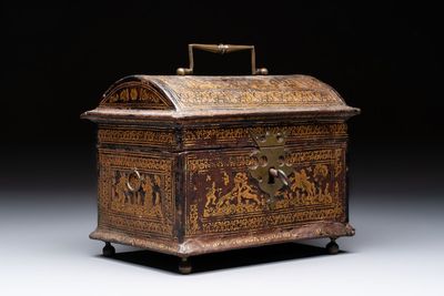 A Flemish gilt-tooled leather casket with hunting scenes, probably Antwerp, early 17th C.