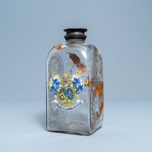 A Flemish or Dutch glass marriage bottle with inscription and coat of arms, dated 1723 — photo 1