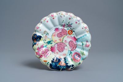 A fluted Chinese famille rose tureen stand with pomegranates on tobacco leaves, Qianlong