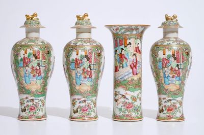 A four-piece Chinese Canton rose medallion garniture of vases, 19th C.