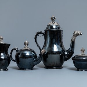 A four-piece silver-mounted Namur black-glazed pottery coffee service, 18th C. — 照片 1
