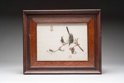 A framed Chinese 'bird on branch' silk embroidery, 20th C.