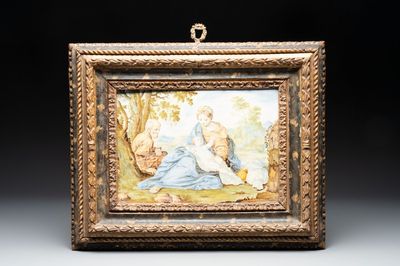 A framed Italian maiolica 'biblical subject' plaque, Castelli, 18th C.