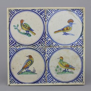 A framed set of 4 Dutch Delft polychrome tiles with birds, 17th C. — photo 1