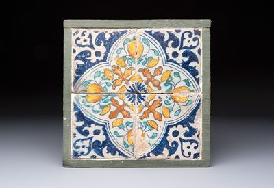 A framed set of four Antwerp maiolica ornamental tiles, ca. 1580