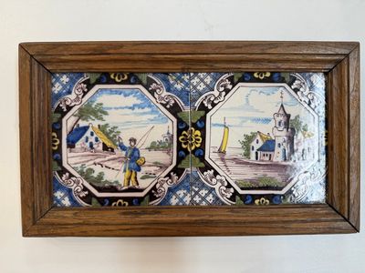 A framed six-piece 'Musicians' tile panel and two 'Landscape' tiles, France, 19th C. — foto 10