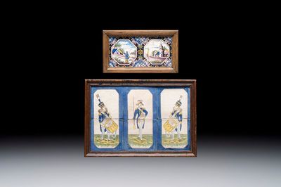 A framed six-piece 'Musicians' tile panel and two 'Landscape' tiles, France, 19th C.