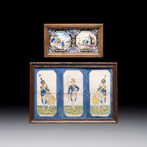 A framed six-piece 'Musicians' tile panel and two 'Landscape' tiles, France, 19th C. — foto 1