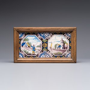 A framed six-piece 'Musicians' tile panel and two 'Landscape' tiles, France, 19th C. — foto 5