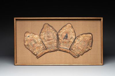 A framed Tibetan silk-embroidered four-leaf ritual crown with Transcendent Buddhas, Tibet, 18th C.