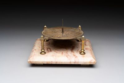 A French brass horizontal sundial on marble base, 18/19th C.
