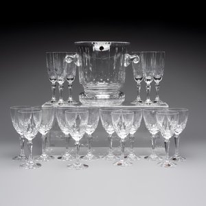 A French crystal wine cooler, six champagne flutes, six wine glasses and six water glasses, in original Arnauld de Brissac boxes, 1970s — photo 1