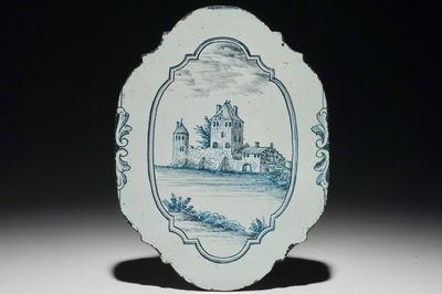 A French faience blue and white topographical plaque, poss. Moustiers, 18/19th C.