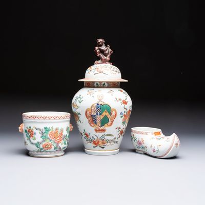 A French famille verte-style armorial covered vase, a jar and a clog-shaped bowl, Samson, Paris, 19th C.