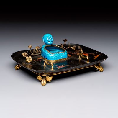 A French lacquered and gilt-bronze-mounted inkwell with a Chinese turquoise-glazed Buddha, Kangxi and later