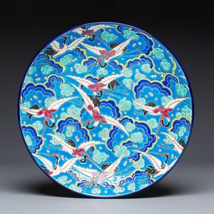 A French polychrome enamelled Longwy 'Cranes among Clouds' charger, 20th C. — 照片 1