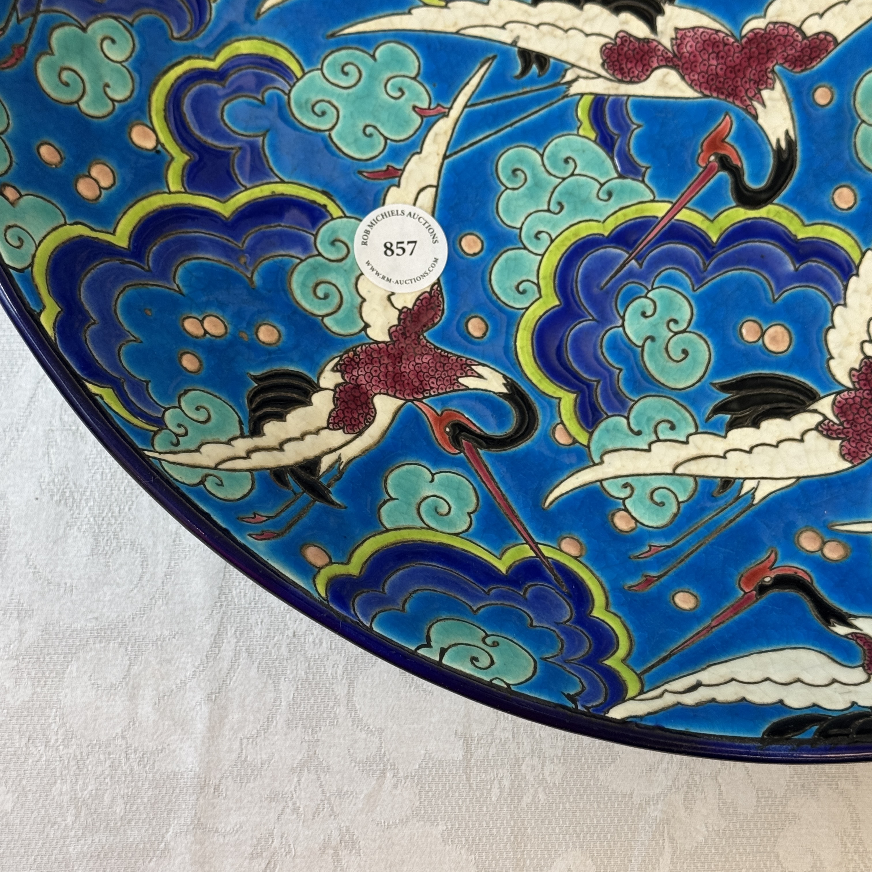 A French polychrome enamelled Longwy 'Cranes among Clouds' charger — photo 2