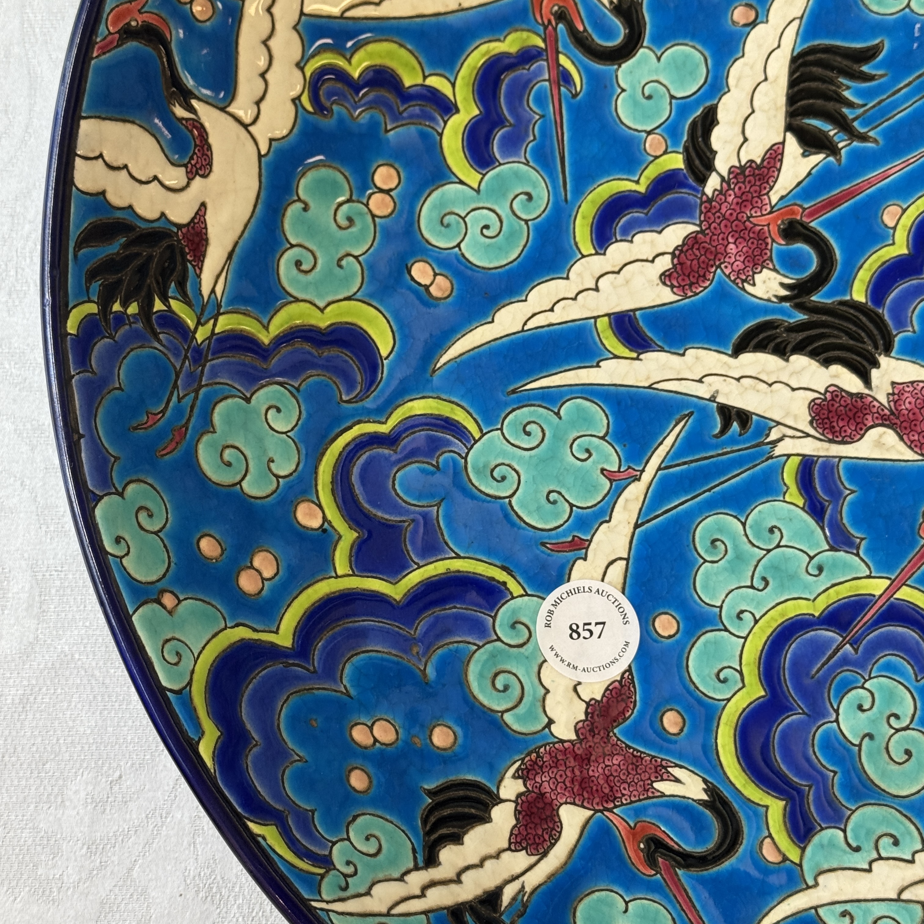 A French polychrome enamelled Longwy 'Cranes among Clouds' charger — photo 3