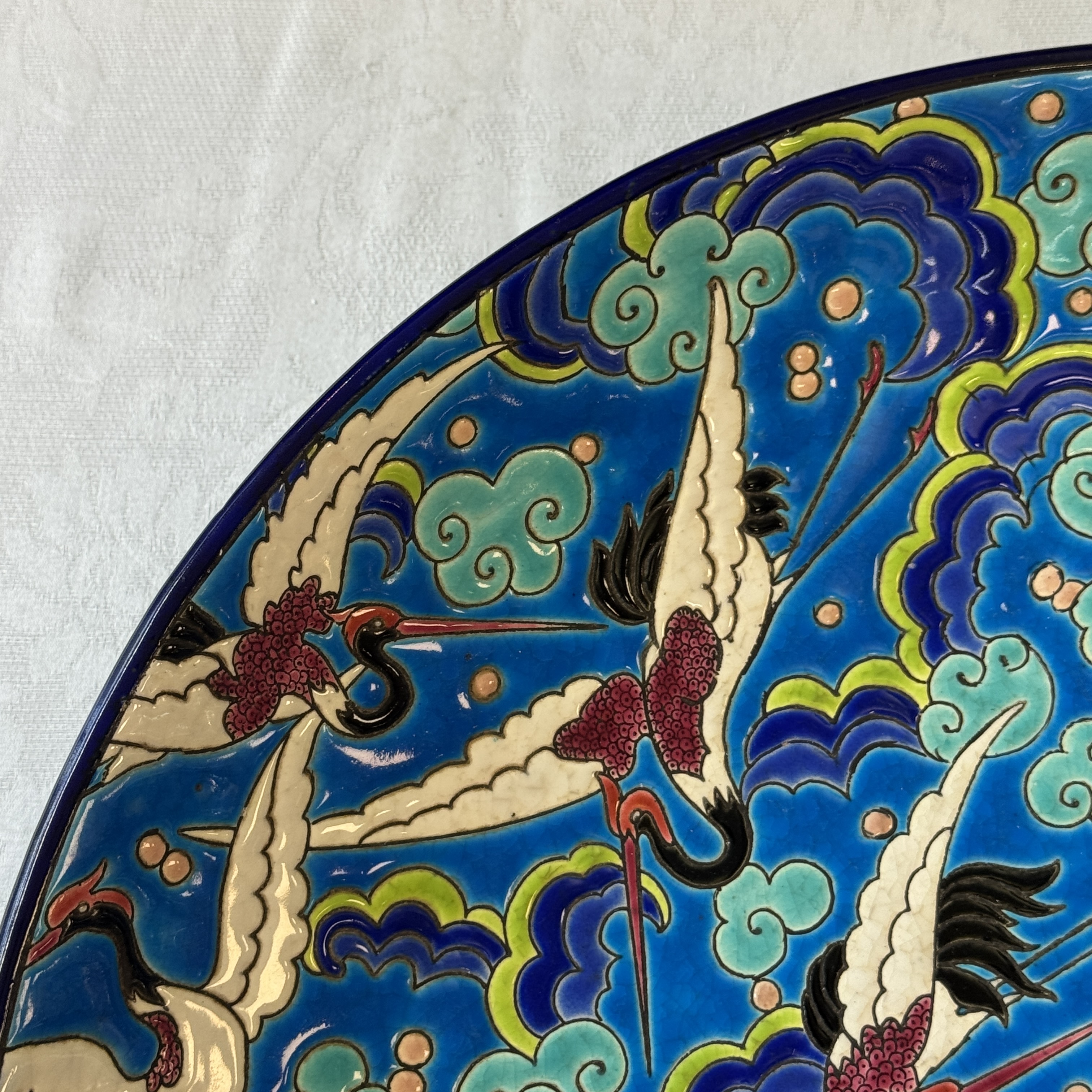 A French polychrome enamelled Longwy 'Cranes among Clouds' charger — photo 4