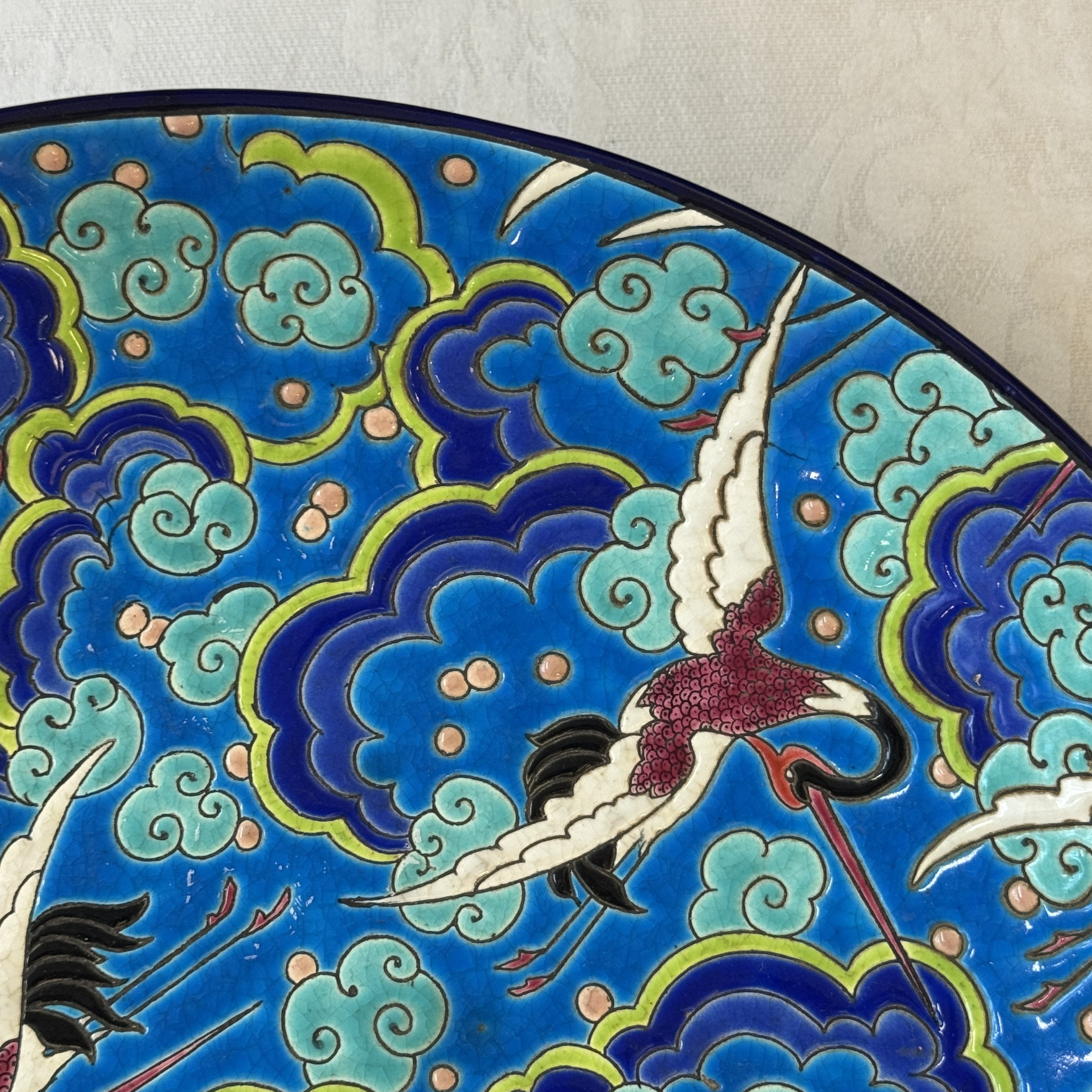 A French polychrome enamelled Longwy 'Cranes among Clouds' charger — photo 5