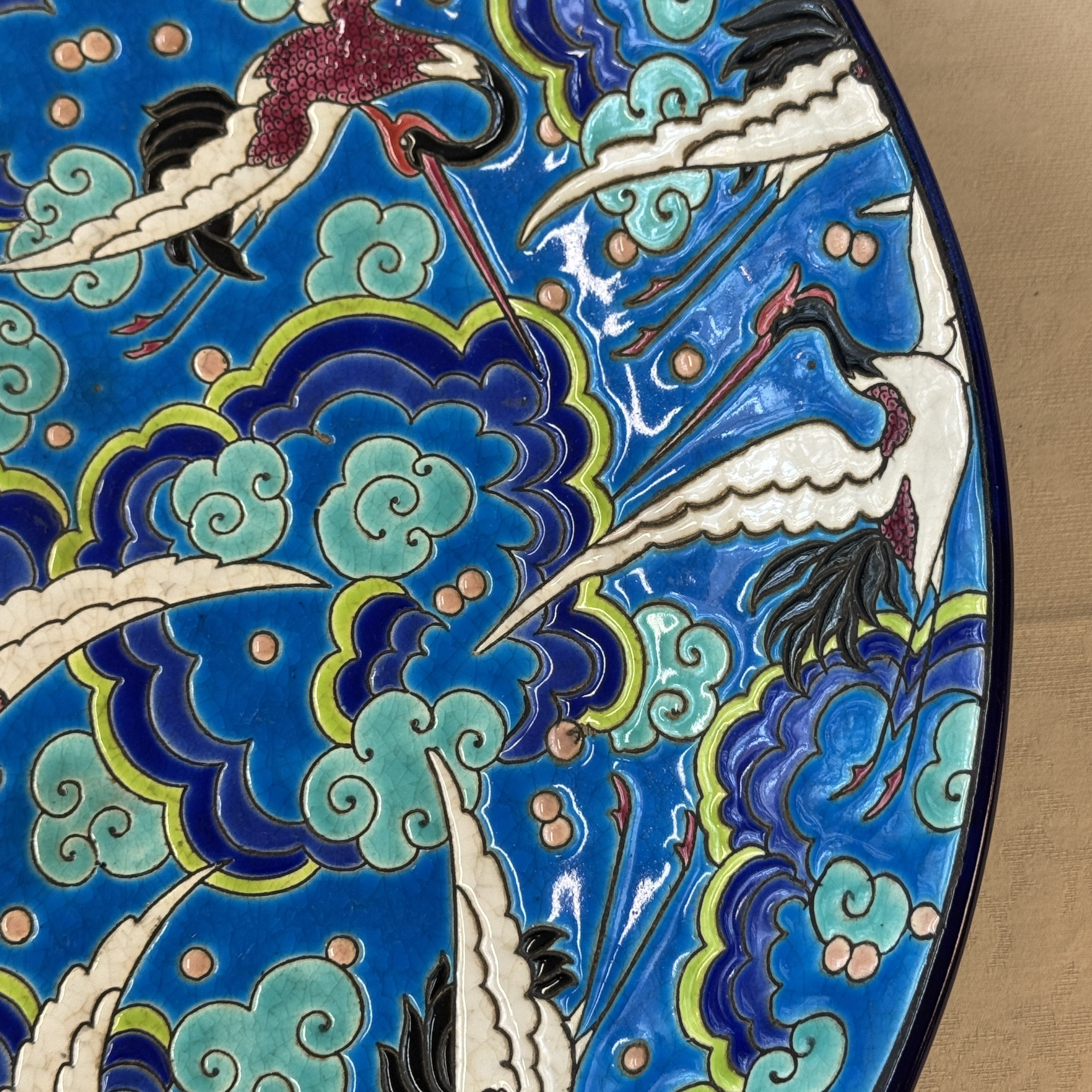 A French polychrome enamelled Longwy 'Cranes among Clouds' charger — photo 6