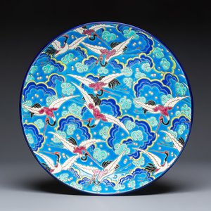 A French polychrome enamelled Longwy 'Cranes among Clouds' charger — photo 1