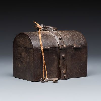 A French wrought iron casket with its original key, 16/17th C.