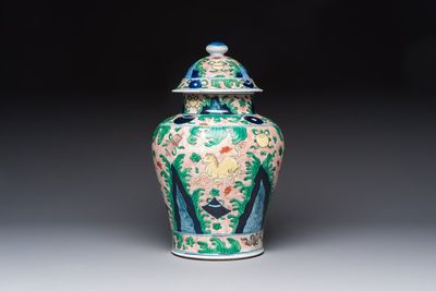 A French wucai-style 'Flying Horses' vase and cover, Samson, Paris, 19th C.