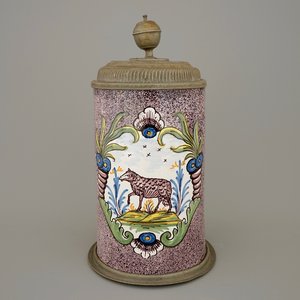 A German faience pewter-mounted beer stein with a sheep, 18th C. — 照片 1
