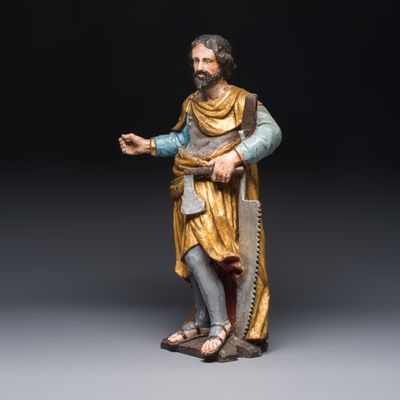 A German gilt-polychromed carved wooden sculpture of Joseph the Carpenter, 18th C.
