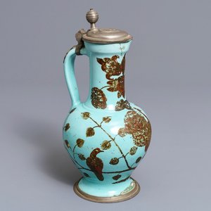 A German pewter-mounted turquoise ground ewer with birds among flowers, 17/18th C. — photo 1