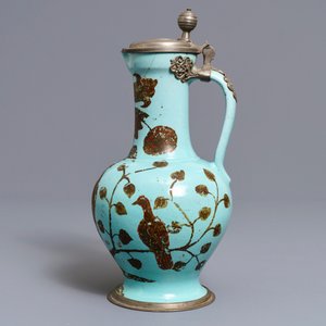 A German pewter-mounted turquoise ground ewer with birds among flowers, 17/18th C. — photo 4