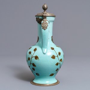 A German pewter-mounted turquoise ground ewer with birds among flowers, 17/18th C. — photo 5